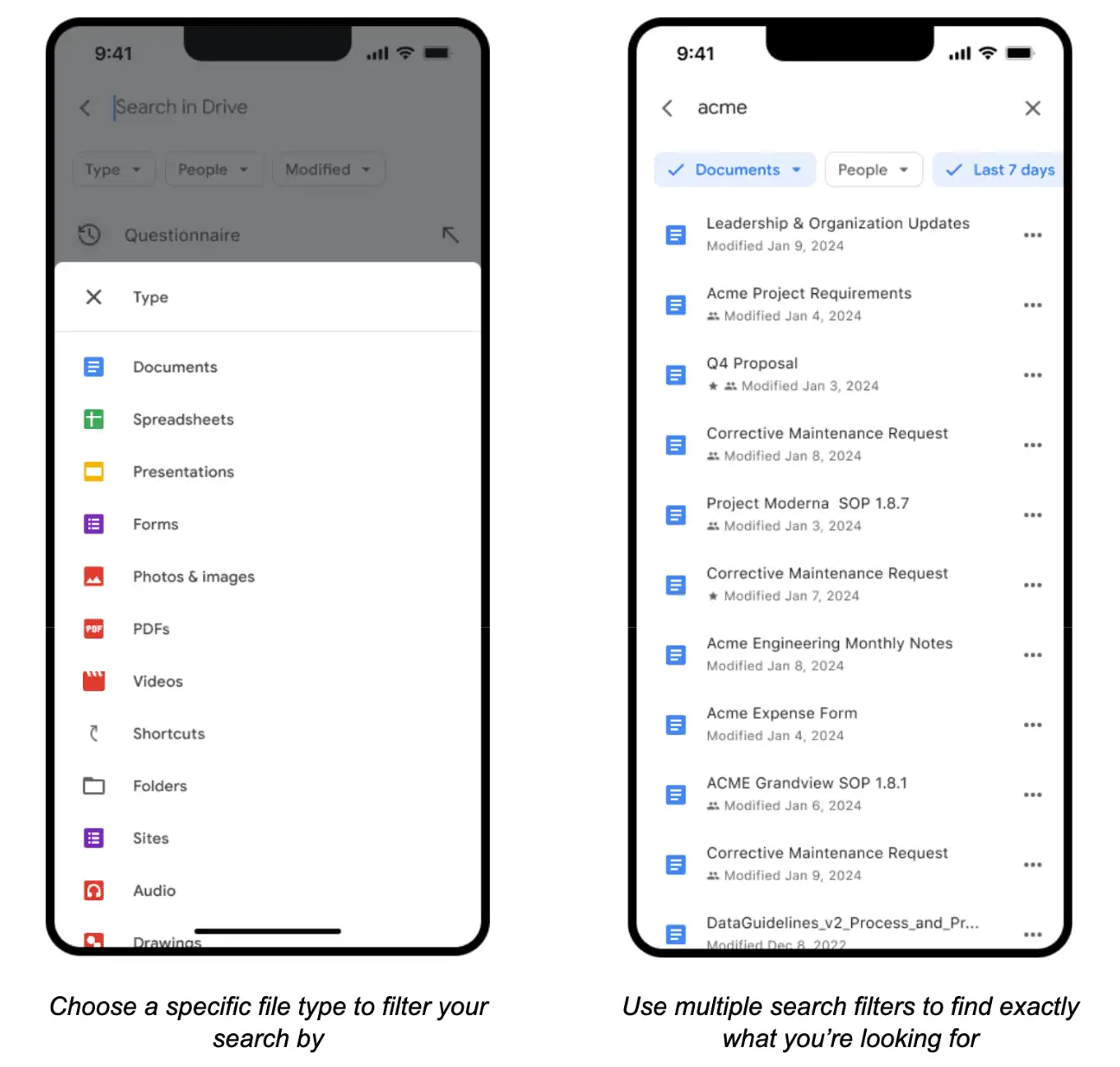 Filtros de pesquisa do Google Drive no Android