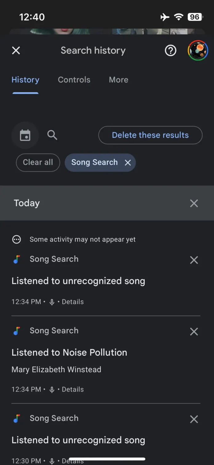 Histórico de buscas de música no Google para iOS